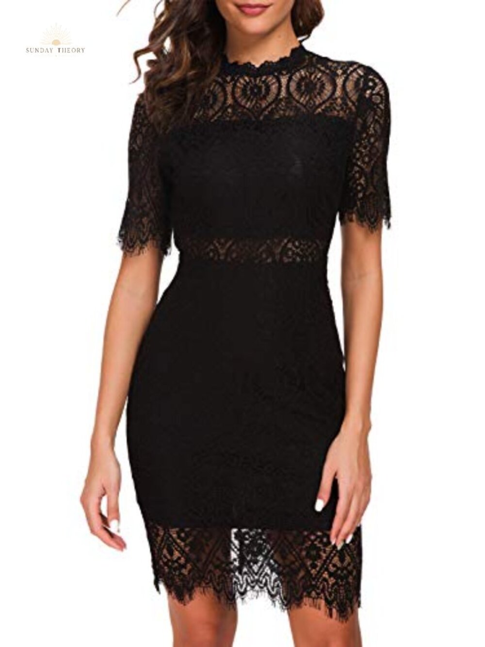 Elegant High Neck Short Sleeve Lace Cocktail Party Midi Dress